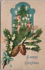 1910s MERRY CHRISTMAS Embossed Postcard Tiny Angels / Xmas Tree / Candles picture