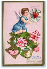 1912 Valentine Cupid Angel Heart Pink Roses Embossed Posted Antique Postcard picture