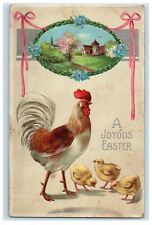 c1910's Joyous Easter Rooster Chicks Flowers House View Embossed Postcard picture
