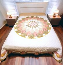 Vintage Handmade Quilt Dahlia Center Pink White Green Paisley Floral Fabric King picture