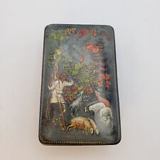 Vtg Russian Hand Painted Lacquer Jewelry Trinket Box Forest Shepherd Goats Sheep picture