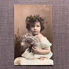 Antique German Postcard Rppc Hand Tinted Color Little Girl with Flowers 1907 picture