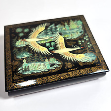 Vtg Russian Lacquer Box Hinged Hand Painted Signed Swans in Flight Village Snow picture