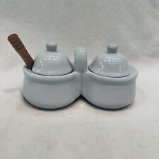 Vintage HH White Ceramic Double Condiment Jam Jelly Jar Set Lids & One Spoon picture