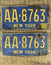 New York NY License Plates Tag Matching Set Pair Vtg Blue Orange 70s Embossed picture