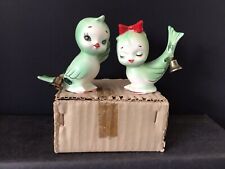 Rare Vtg LEFTON Green Christmas Birds w/ Bells Salt Pepper Shakers Box JAPAN EXC picture