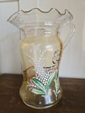Bohemian/Victorian Hand Blown Glass Pitcher Fluted Edges Applied Handle Painted picture