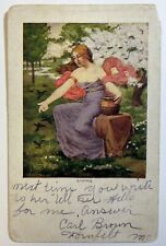 Spring Woman Feeding Birds Postcard, Antique Posted 1908 Fornfelt, Missouri  picture