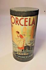 RARE ANTIQUE ADVERTISING 1937 PORCELA ENAMEL PORCELAIN CLEANER TIN 9+ picture