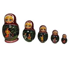 Russian Fairy Tale Matryoshka Nesting DOLL Set Hand Carved Hand Painted Signed picture