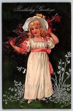 Postcard Birthday Greetings Victorian Girl Bonnet PFB 7046 embossed R124 picture