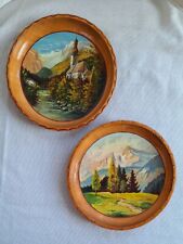 Vintage Set of 2 Hand Painted Wooden German Plates, Small 6.5