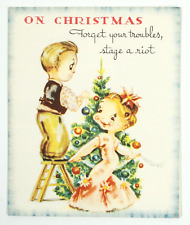 Vintage Christmas Card 1950s Cartoon Cute Couple Tree Turkey Stonybrook Line NOS picture
