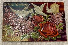 Vintage Birthday Greetings postcard White Dove Red Roses Germany picture