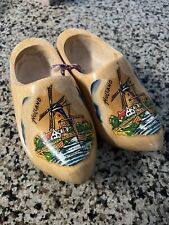 Vintage Holland Hand Carved Clogs Windmill Painted Wooden Shoes Yellow 9