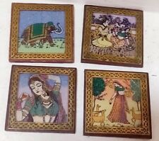 Lot of 4 Handmade Vintage Indian Sheesham Wood Brass Gemstone Art Small Plate picture
