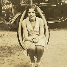 Vintage Snapshot Photograph Beautiful Young Woman Teen Girl In Tire Swing picture