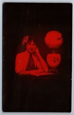 1913 STUNNING RPPC RED COLOR DYE CYANOTYPE GIRL DRAWING, LAMP PEN Postcard PS picture