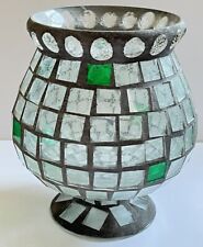 Hurricane Pedestal Candle Holder Green Clear Silver-Gray Stained Glass Mosaic picture