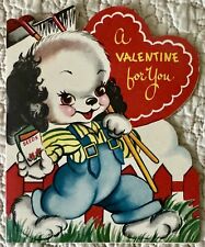 Vintage Valentine Dog Puppy Garden Seeds Rake Die Cut Greeting Card 1950s 1952 picture