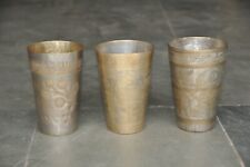 3 Pc Vintage Solid Heavy Handcrafted Inlay Engraved Brass Lassi / Milk Glasses picture