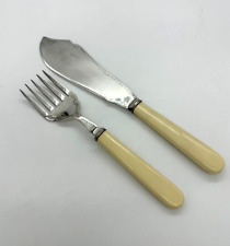 Vintage Antique Faux Bone Handled Fish Knife & Fork Serving Set picture