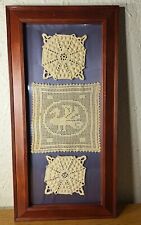 3 Beautiful Vintage Doily Doilies in Glassed Wooden Frame beige White #127 picture