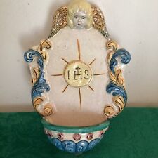VTG Holy Water Font Angel Ceramic Ornate Hand Painted IHS Jesus Savior Humankind picture