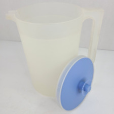 Vintage MCM Tupperware Frosted Pitcher Push Button Blue Lid 1676-1  801-3 picture