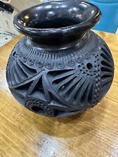 Oaxaca Barro Negro Mexican Black Craved Dried Flower Vase Beautiful Folk Art picture