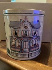 Vintage Cross Stitch Colonial Homes Pattern Cookie Biscuit Tin Bucilla Original picture
