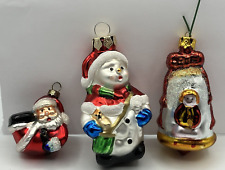 3-Small Vtg Blown Glass Snowman Christmas Ornament Hand Painted Glitter Santa picture