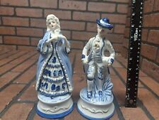 Vintage Blue & White Porcelain Victorian-style Figurines, Man and Lady 9' picture