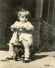 B933-8 Vtg Photo LOVELY CHILD ON WOODEN THREE WHEEL SCOOTER Early  1900's picture
