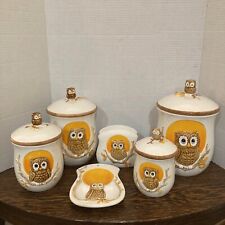 Retro Vintage 1983 Sears Roebuck Co Ceramic Owl Canisters Set Spoon Rest Napkin picture