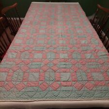 Handmade Vintage 80s Quilt Pink Blue Ditsy Floral Queen Size Blanket 91 X 80  picture
