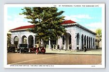 Postcard Florida St Petersburg FL Post Office Open Air Cars 1930s Unposted White picture