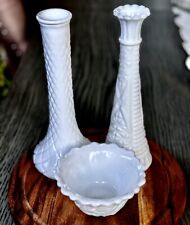 Vintage Anchor Hocking Milk Glass Bud Vases & Bowl Stars & Bars Diamond Set of 3 picture