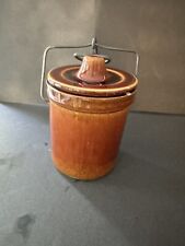 Vintage Brown Glazed Stoneware Butter Cheese Crock Wire Bail Locking Lid Farm picture