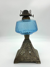 Victorian Cast Iron Based Kerosene Lamp w Blue Glass Shade picture
