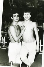 Shirtless Handsome young men couple Hug Love bulge beach trunks gay vtg photo picture