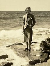 XG Photograph Pretty Woman Posing On Rocks Beach Waves Lovely Lady 1930-40's picture
