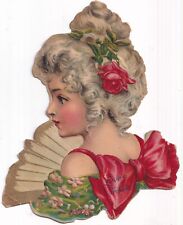 1800's Victorian Die Cut Scrap -Lovely Lady in Red w Fan Loves Tribute 5.25 in picture