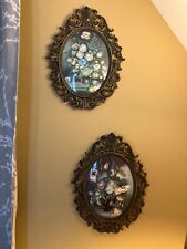 Pair Vintage Italian Prints Brass Ornate Frame Floral Oval Convex Glass 10