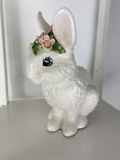 Vintage Betlar Inc. 10” Ceramic Rabbit Bunny Pink Flowers Ribbon Glazed Made USA picture