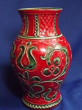 Vintage Austrian Gmundner Keramik Incised Green Floral on RARE Red Body 7” Vase  picture