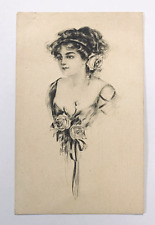 Drawing Elegant Beautiful Young Lady, Roses, Curly Hair Vintage Postcard picture