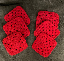 Vintage Handmade Crochet Granny Square Drink Coasters Trivets Set Of 6 Deep Red picture
