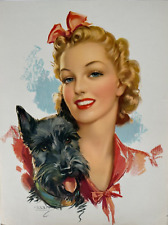 Vintage Jules Erbit 1940s Pin-Up Portrait Print, Blonde Beauty & Terrier Dog picture