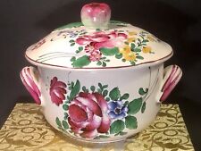 Antique French Hand Painted roses & Tulip Lidded Handled Bowl c.1890-1920 picture